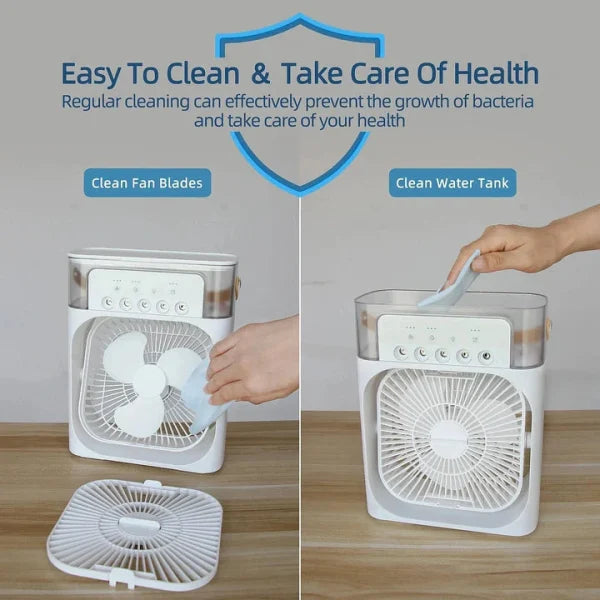 USB Portable Air Conditioner Fan with LED Night Light, Water Mist & Humidifier – 3-Speed Mini Cooler (Not Rechargeable, Random Color)