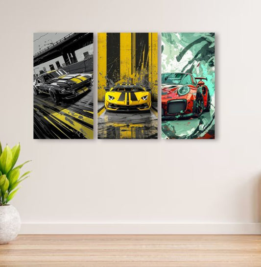 Set of 3 Luxury cars Sticky Canvas Frames (8x11) – Modern Wall Décor / Sticky Photo Tiles